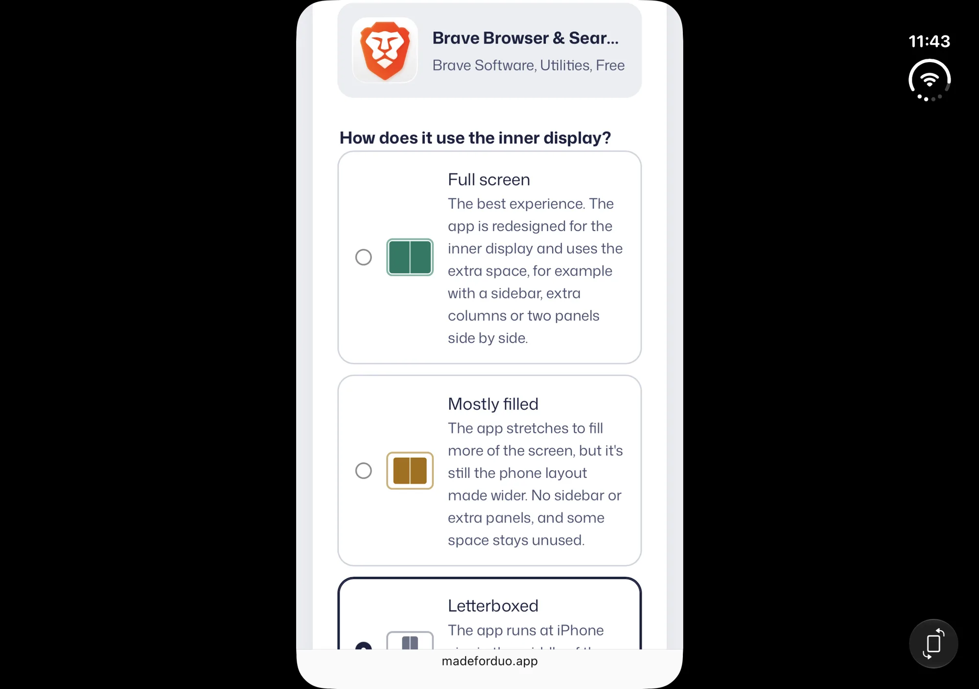 Brave Browser & Search Engine on iPhone Duo, unfolded, landscape