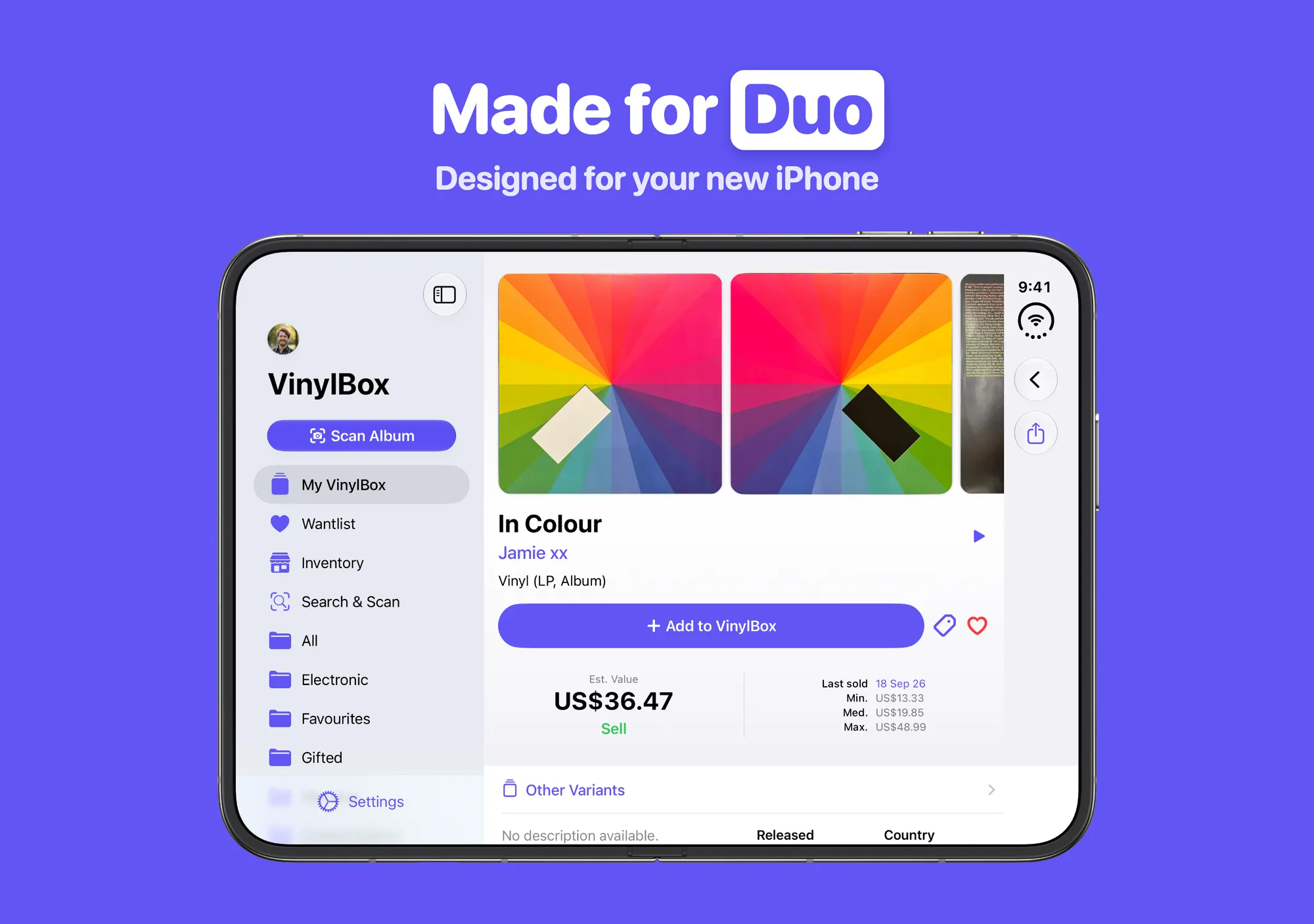 VinylBox: Vinyl & CD Collector on iPhone Duo, unfolded, landscape